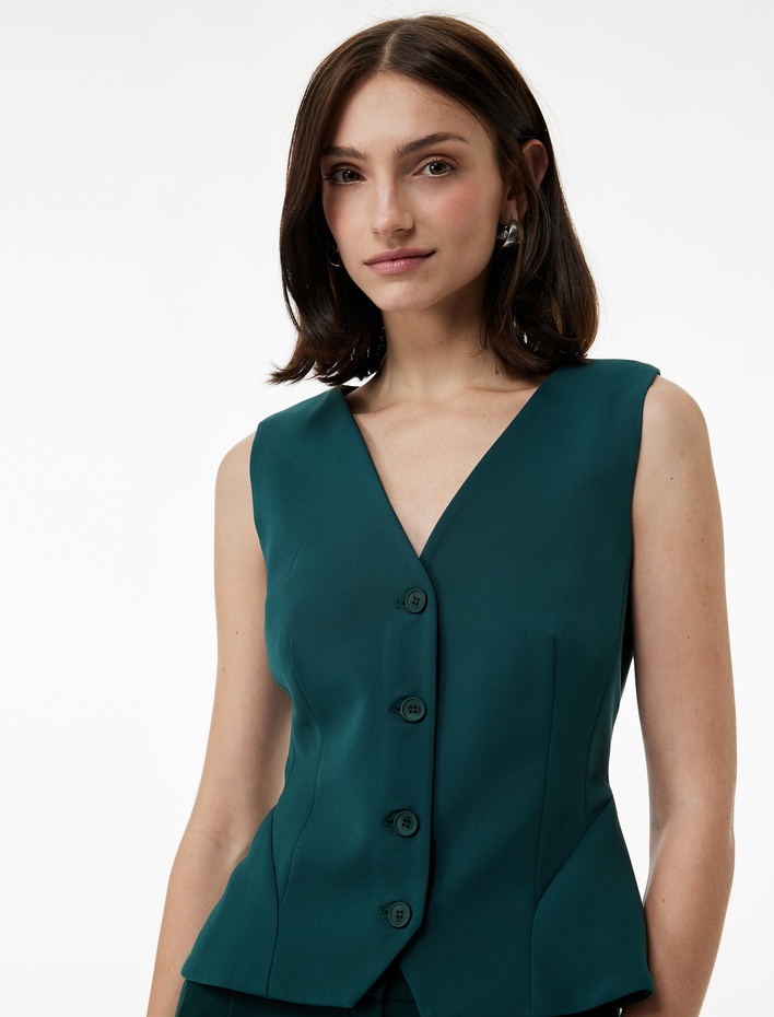  Slim Fit Peplum Kesim V Yaka Düğmeli Blazer Yelek