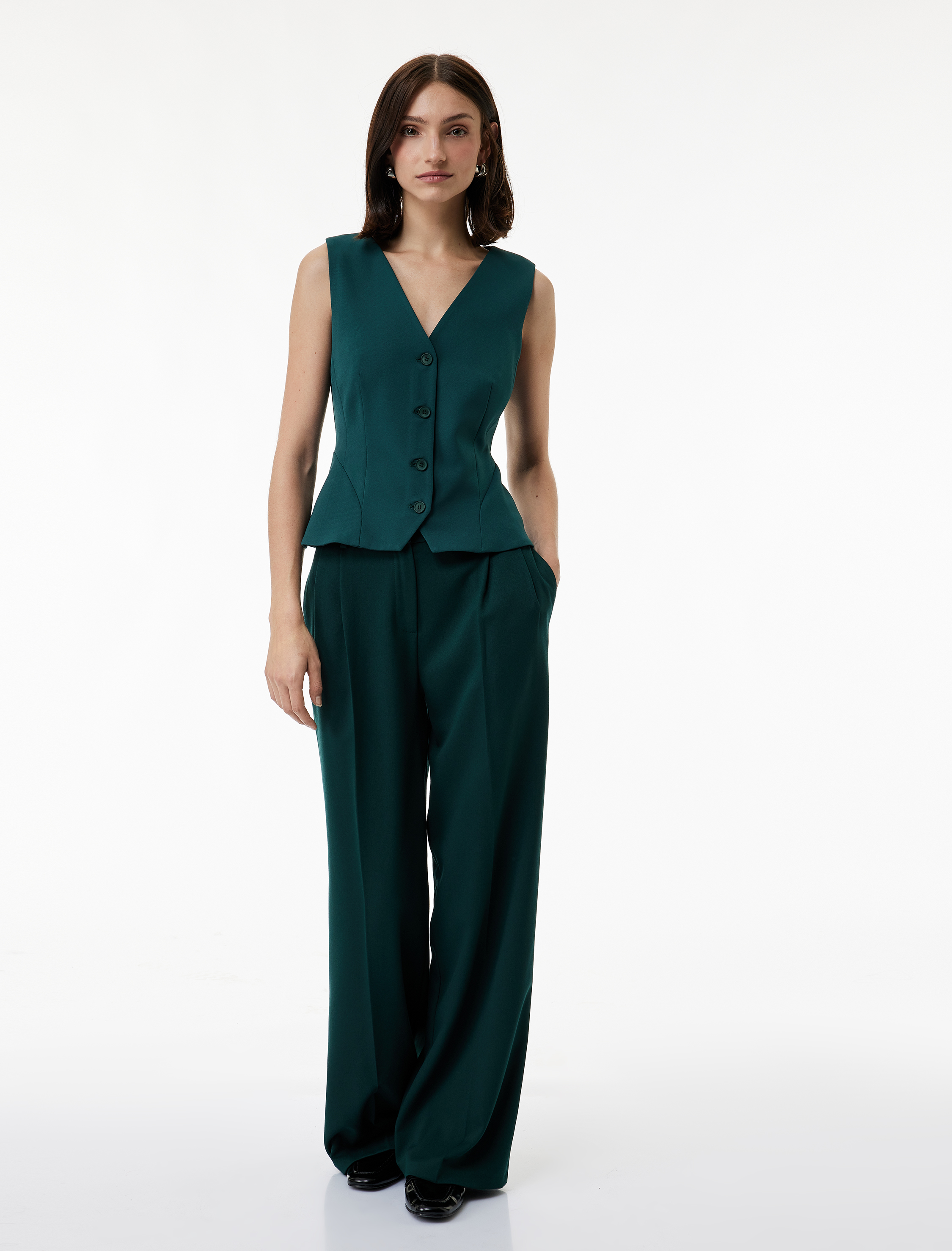   Slim Fit Peplum Kesim V Yaka Düğmeli Blazer Yelek