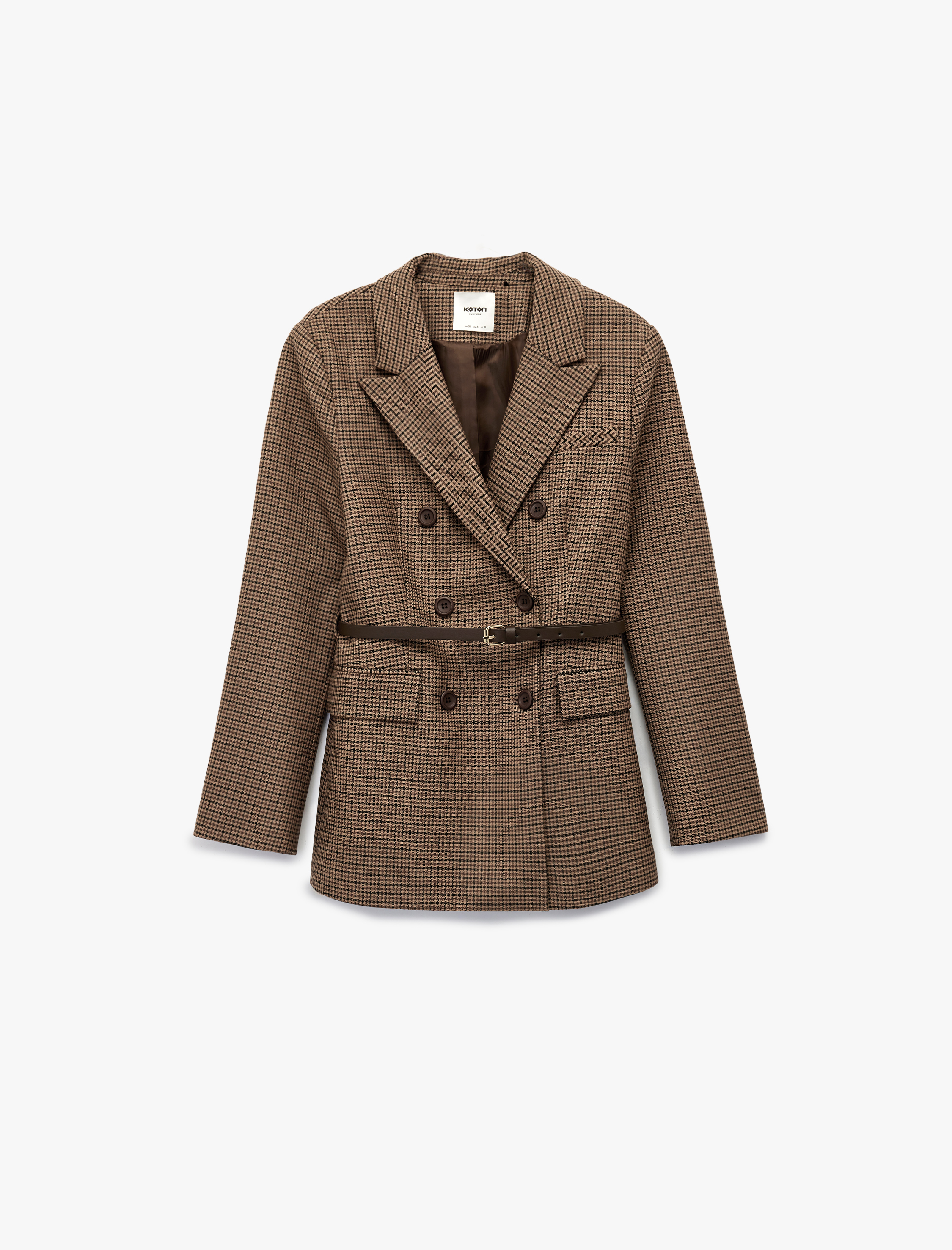   Kemer Detaylı Düğmeli Cepli Kruvaze Yaka Ekoseli Blazer Ceket