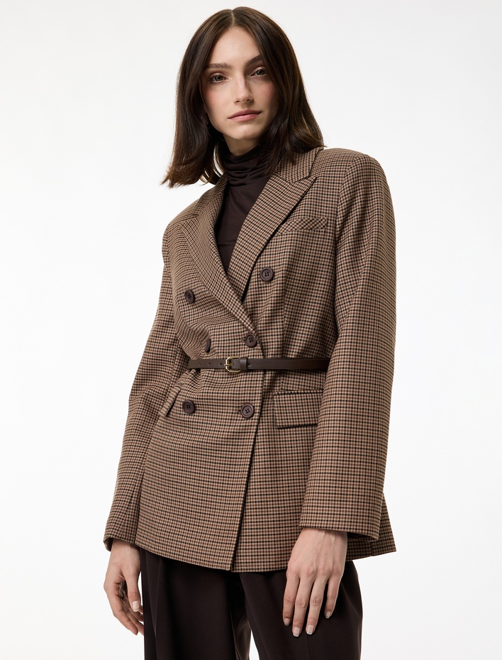  Kemer Detaylı Düğmeli Cepli Kruvaze Yaka Ekoseli Blazer Ceket