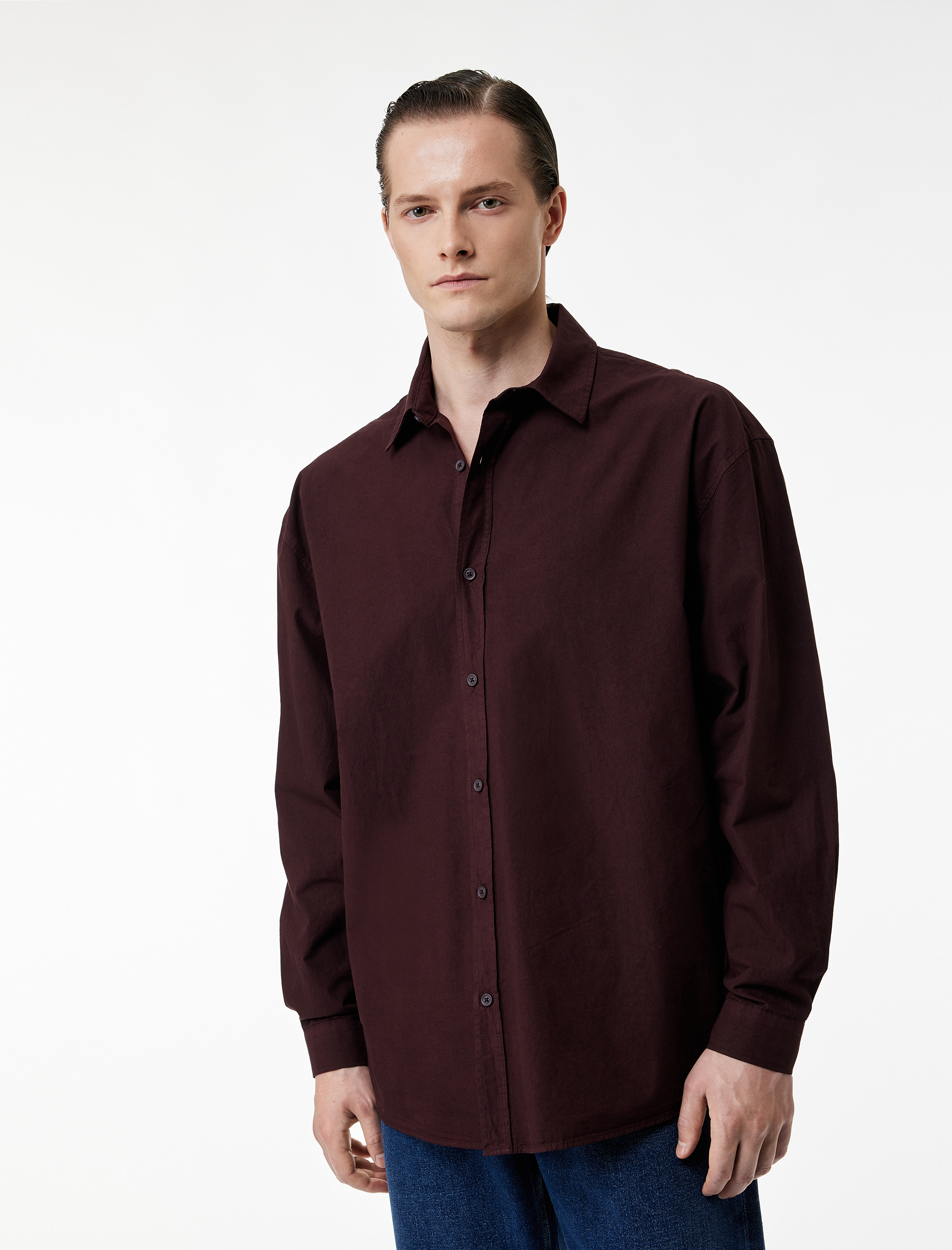   Klasik Yaka Pamuklu Düğmeli Oversize Uzun Kollu Gömlek