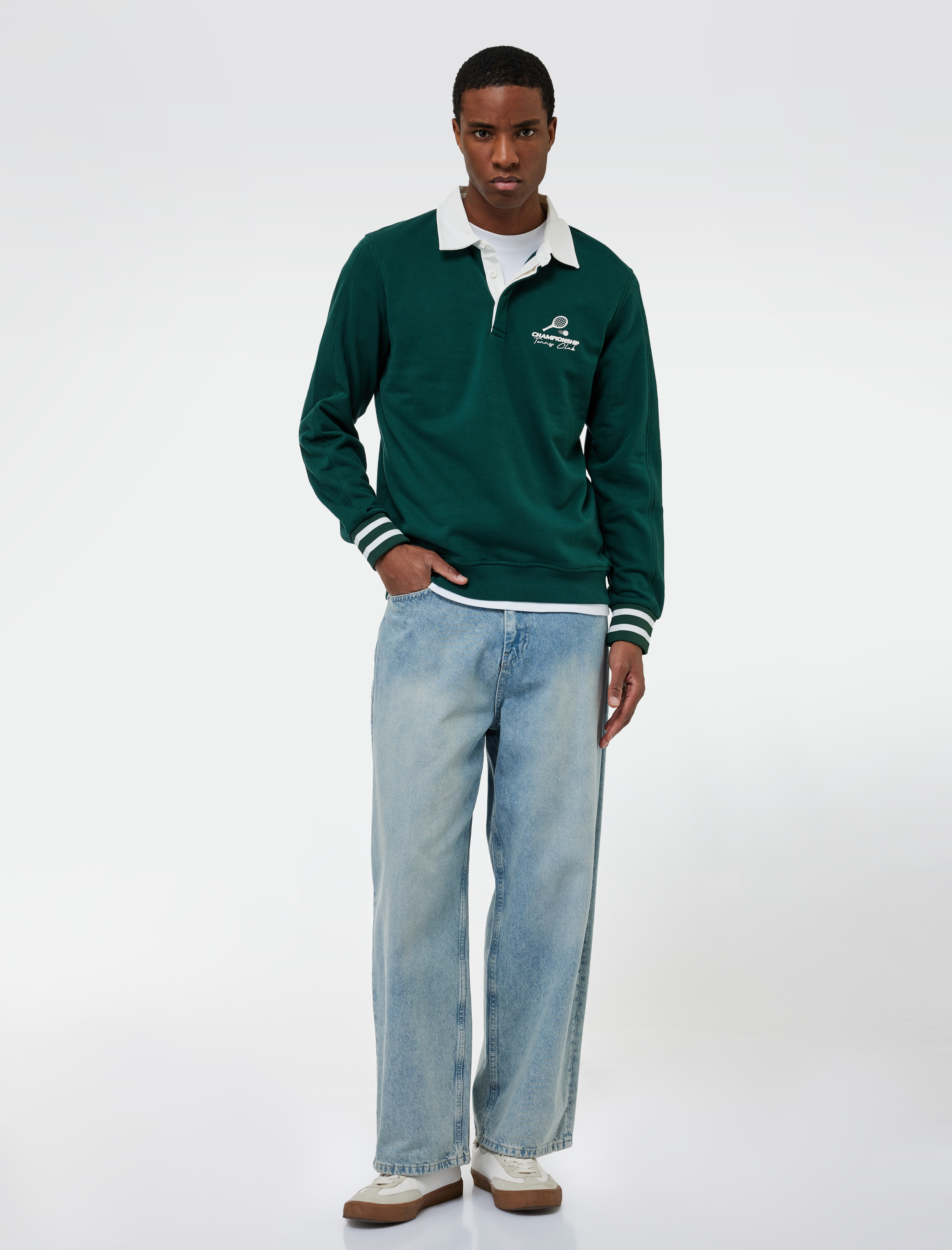 Regular Fit Şardonlu Renk Kontrastlı Çizgili Polo Yaka Baskılı Sweatshirt