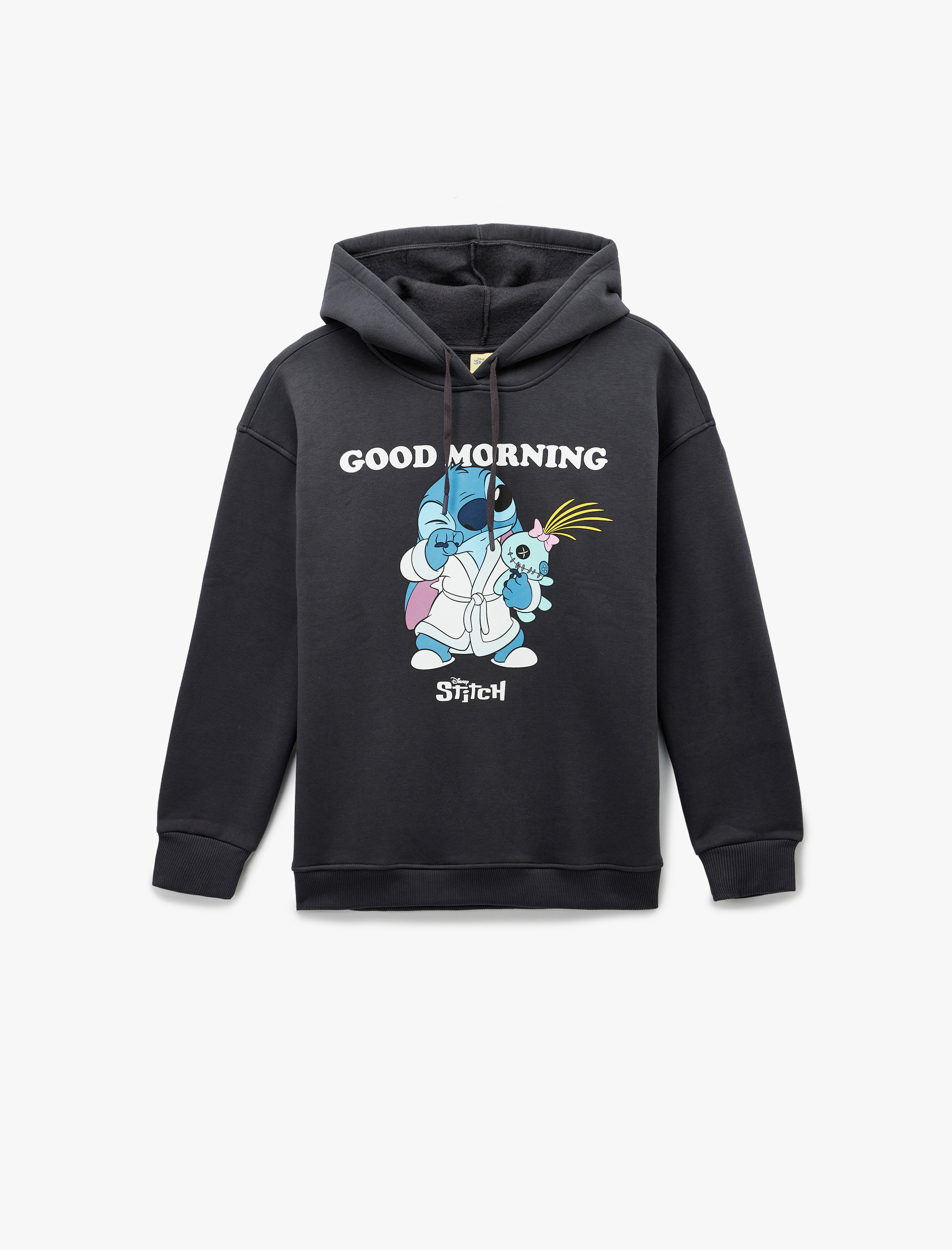   Şardonlu Stitch Lisanslı Kapüşonlu Uzun Kollu Baskılı Oversize Sweatshirt