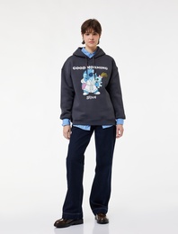 Şardonlu Stitch Lisanslı Kapüşonlu Uzun Kollu Baskılı Oversize Sweatshirt
