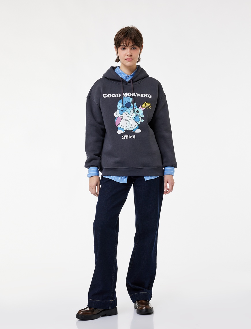 Koton Kadın Şardonlu Stitch Lisanslı Kapüşonlu Uzun Kollu Baskılı Oversize Sweatshirt