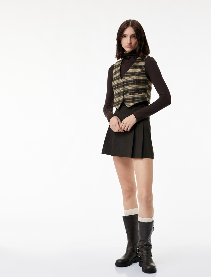  Regular Fit Düğmeli V Yaka Ekose Blazer Yelek