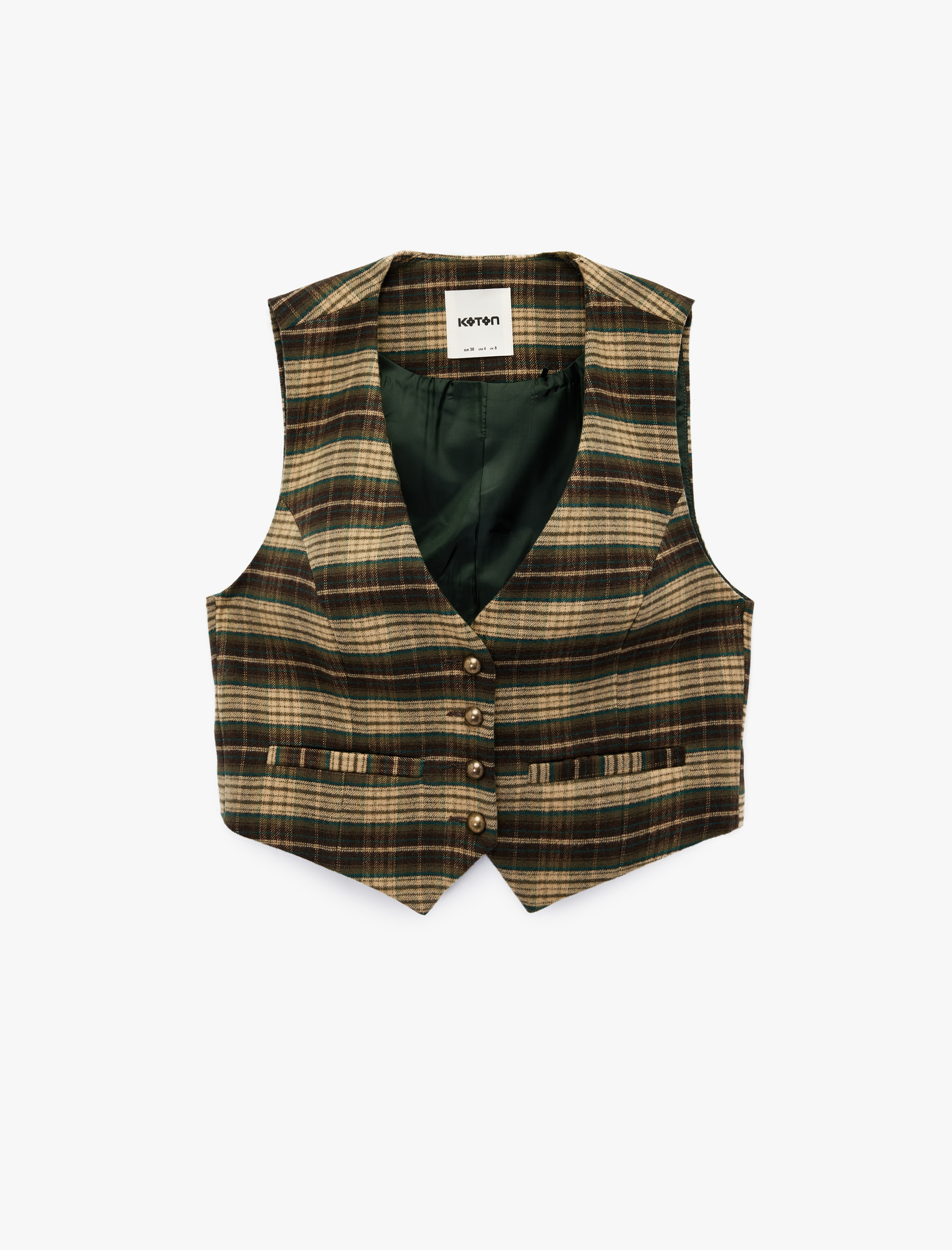   Regular Fit Düğmeli V Yaka Ekose Blazer Yelek