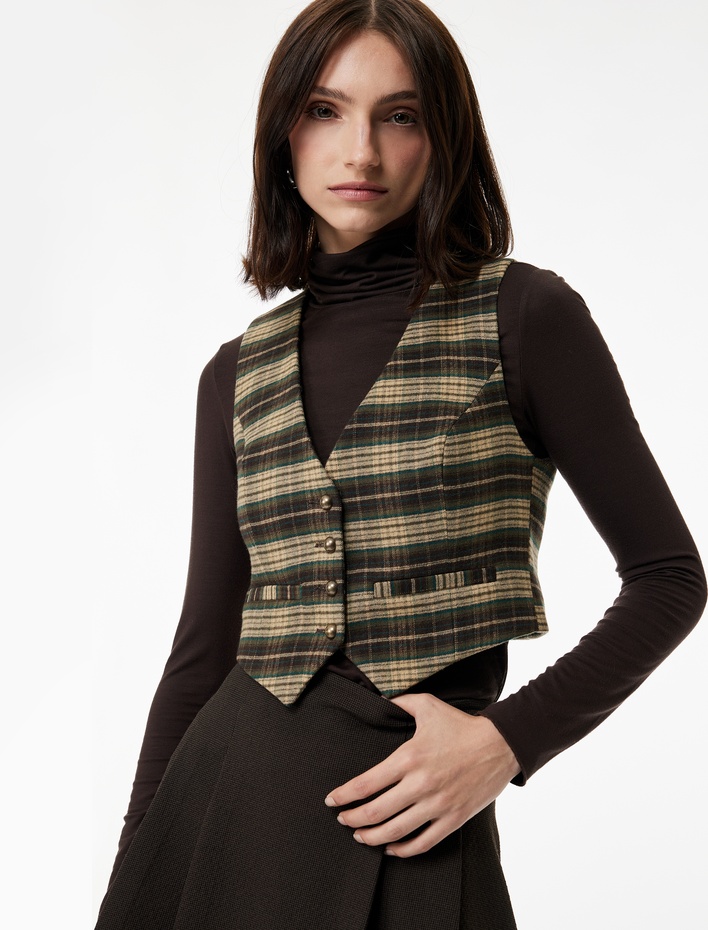  Regular Fit Düğmeli V Yaka Ekose Blazer Yelek