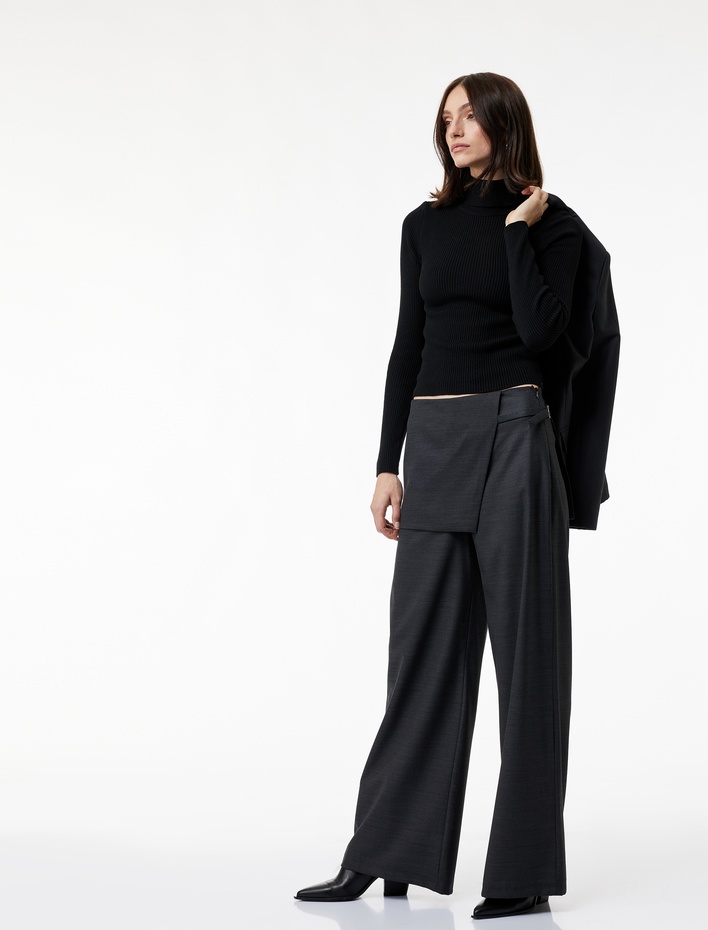  Cepli Koyun Yünü Karışımlı Yüksek Bel Geniş Paça Etekli Pantolon