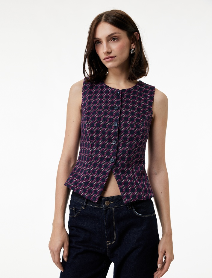  Slim Fit Bisiklet Yaka Düğmeli Desenli Yelek