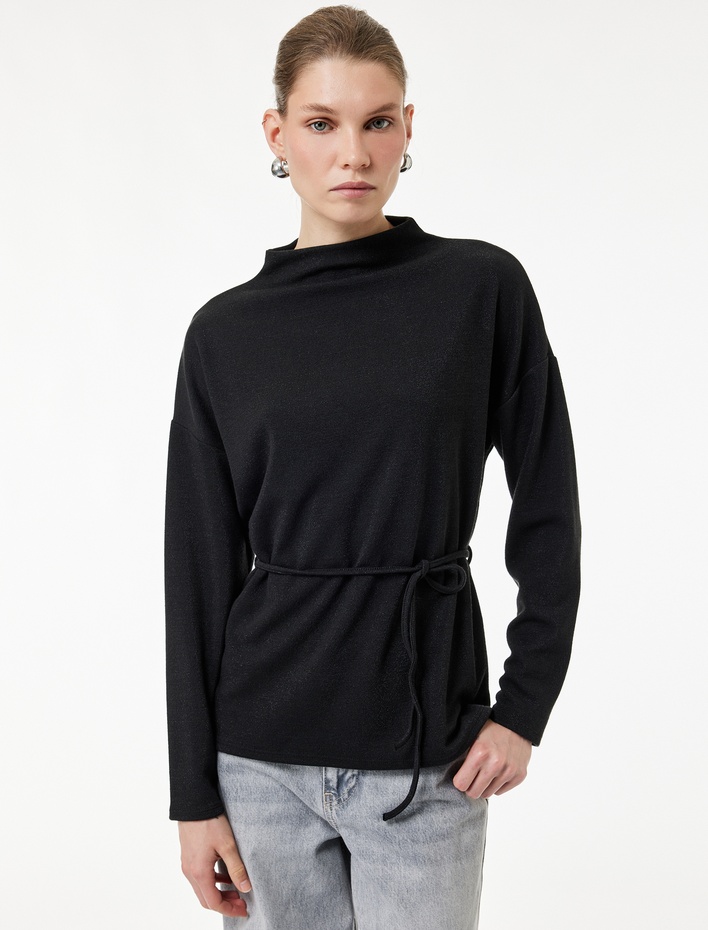  Regular Fit Uzun Kollu Dik Yaka Kemerli Kazak