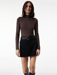 Slim Fit Hafif Dik Yaka Drape Detaylı Uzun Kollu Bodysuit