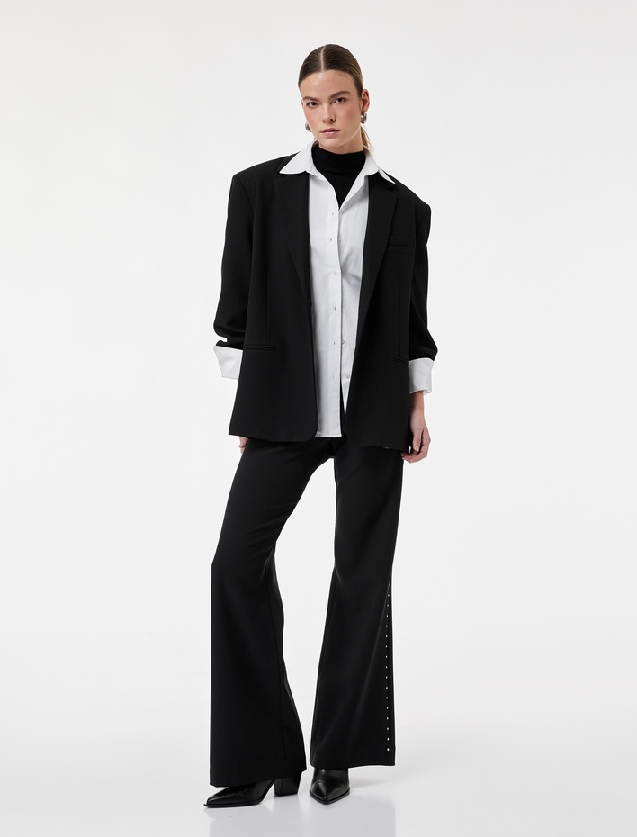  Yanları Zımba Detaylı Uzun Düz Bol Paça Pantolon