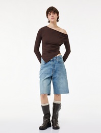 Slim Fit Asimetrik Kesim Drapeli Uzun Kollu Tişört