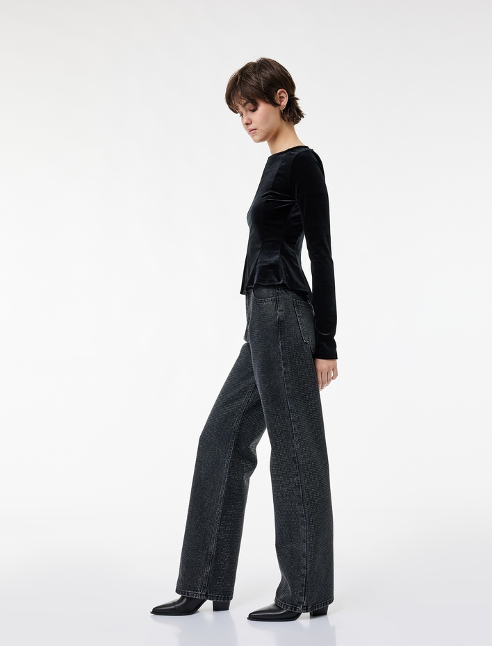  Düğmeli Cepli Pamuklu Normal Bel Düz Paça Taşlı Jean Pantolon - Straight Fit Jean