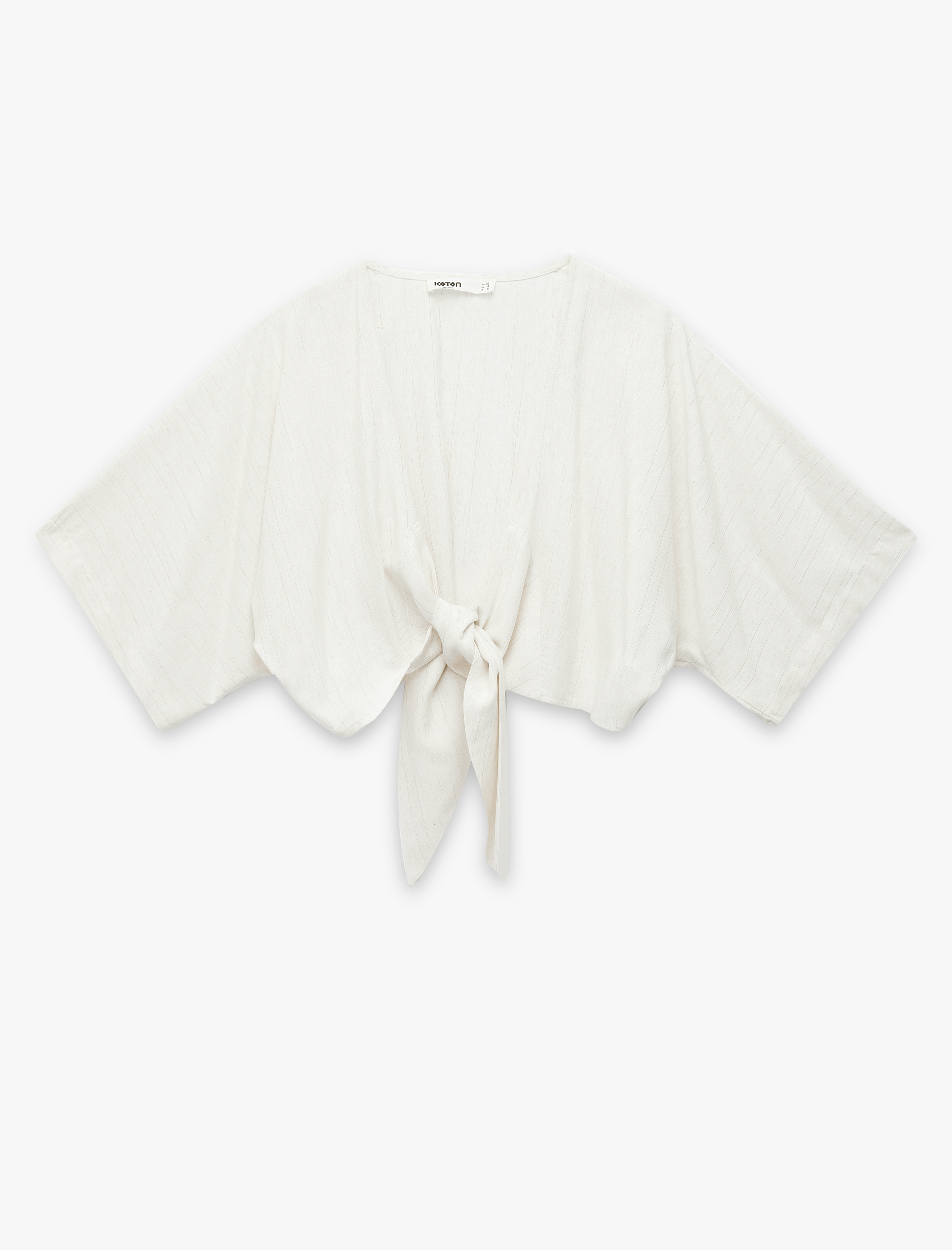   Bağlama Detaylı Yarım Kol V Yaka Keten Karışımlı Bluz