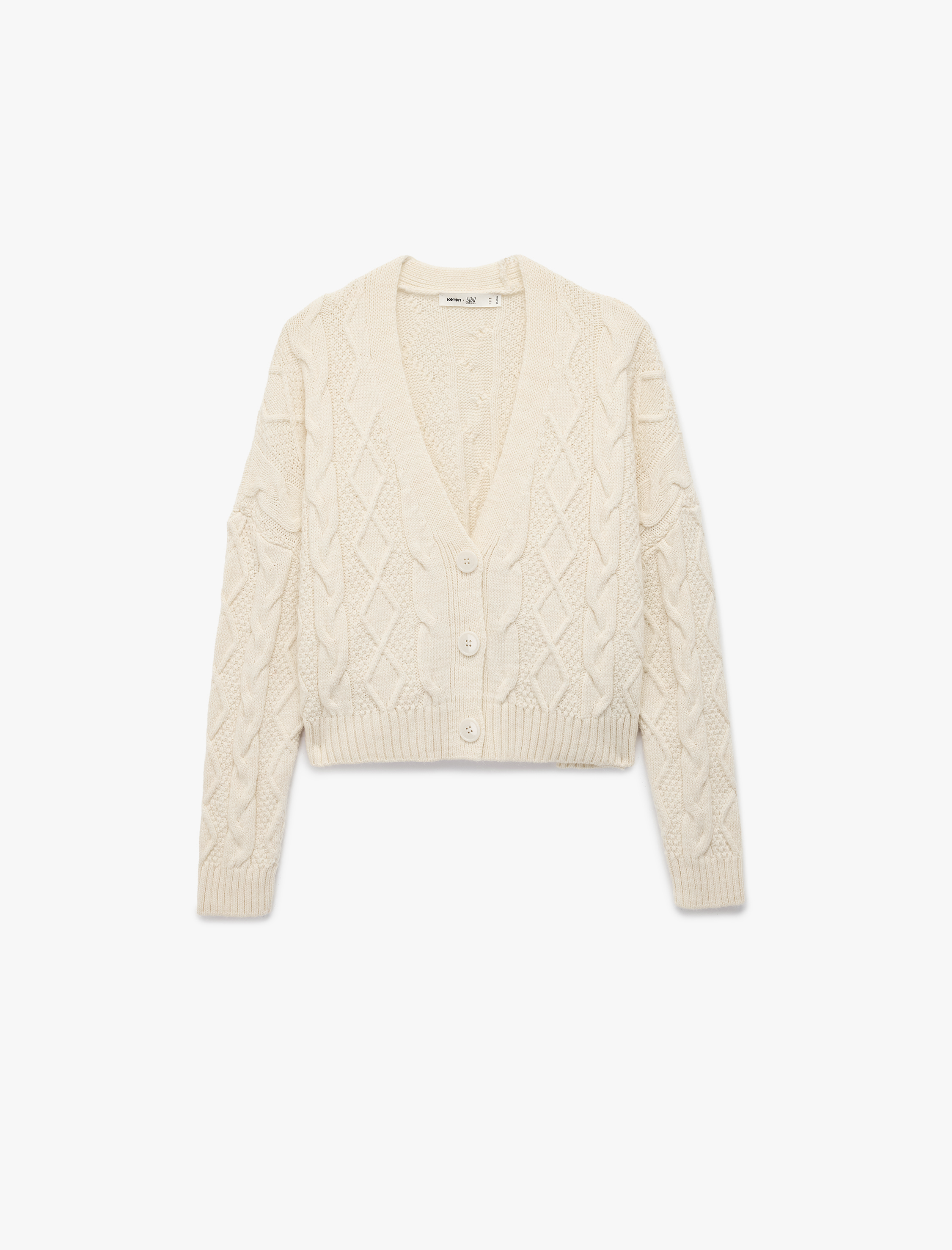   Koton X Sibil Çetinkaya - Uzun Kollu Düğmeli V Yaka Saç Örgü Crop Oversize Hırka