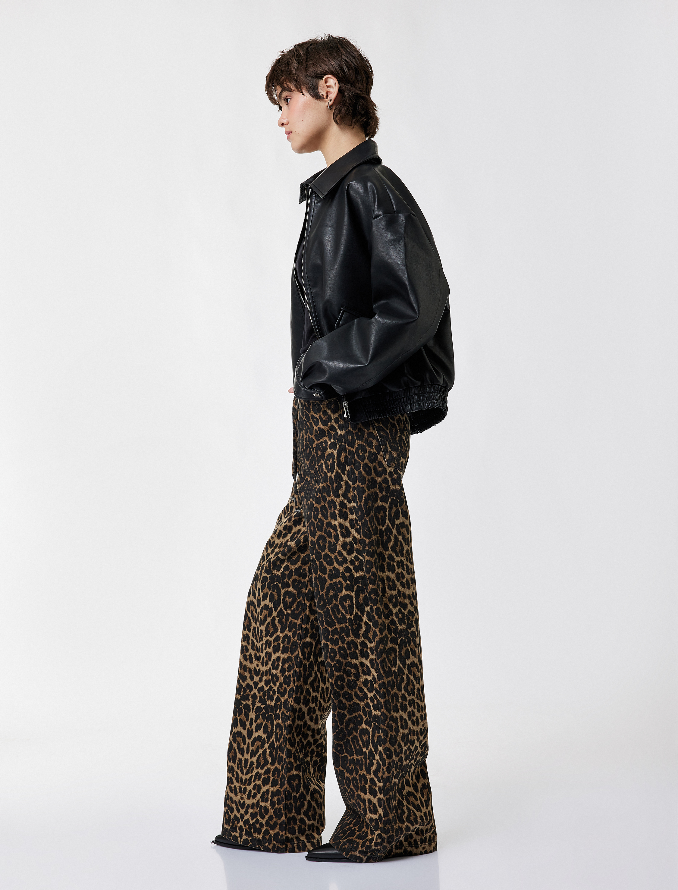   Normal Bel Düğmeli Cepli Düz Paça Leopar Desenli Pantolon -Straight Fit Jeans