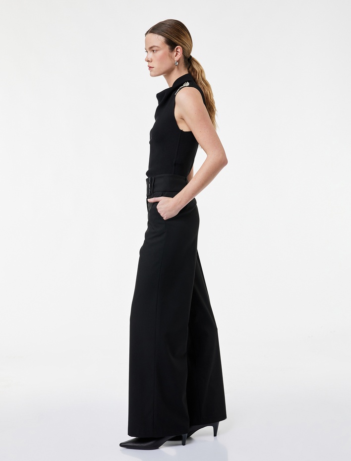  Standart Bel Cepli Düz Geniş Paça Palazzo Pantolon