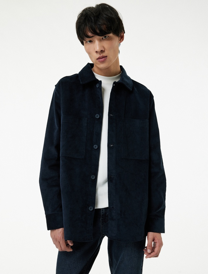  Regular Fit Pamuklu Cepli Klasik Yaka Uzun Kollu Fitilli Kadife Gömlek Ceket