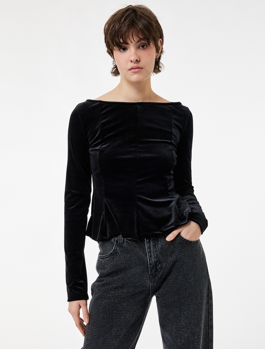 Siyah Slim Fit Kayık Yaka Uzun Kollu Kadife Peplum Tişört