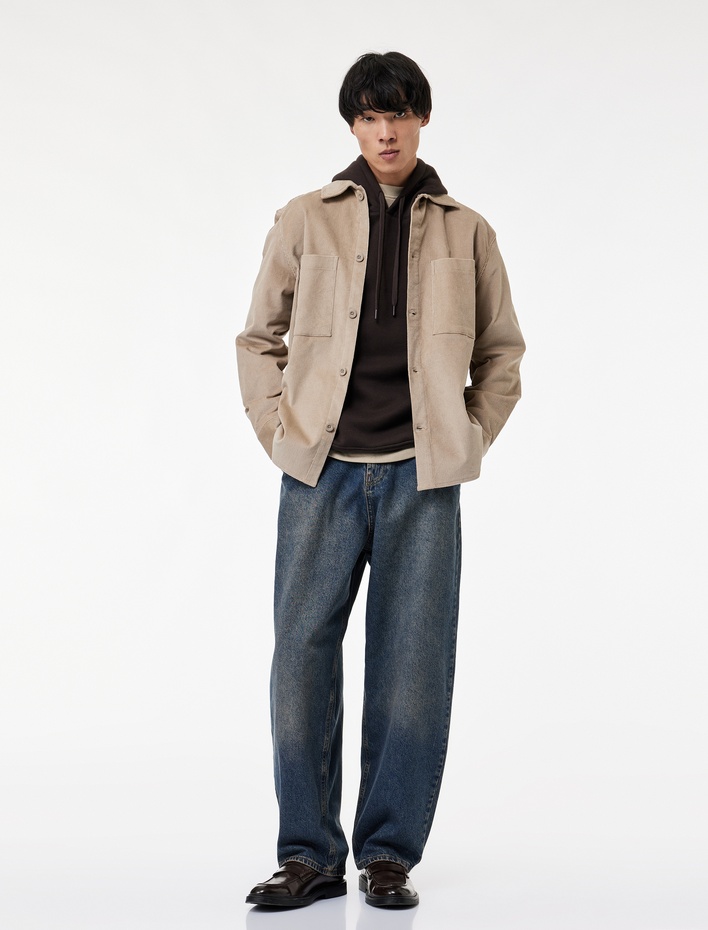  Regular Fit Pamuklu Cepli Klasik Yaka Uzun Kollu Fitilli Kadife Gömlek Ceket