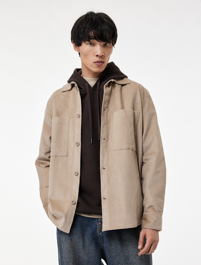  Regular Fit Pamuklu Cepli Klasik Yaka Uzun Kollu Fitilli Kadife Gömlek Ceket