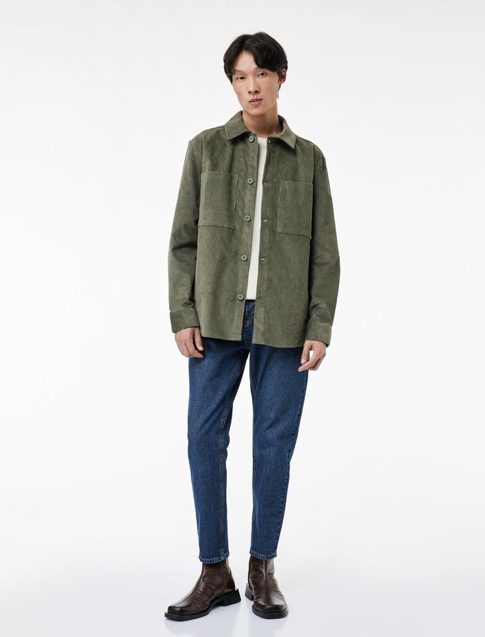  Regular Fit Pamuklu Cepli Klasik Yaka Uzun Kollu Fitilli Kadife Gömlek Ceket