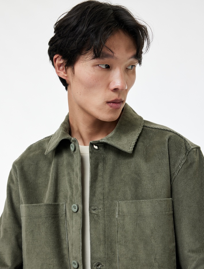  Regular Fit Pamuklu Cepli Klasik Yaka Uzun Kollu Fitilli Kadife Gömlek Ceket