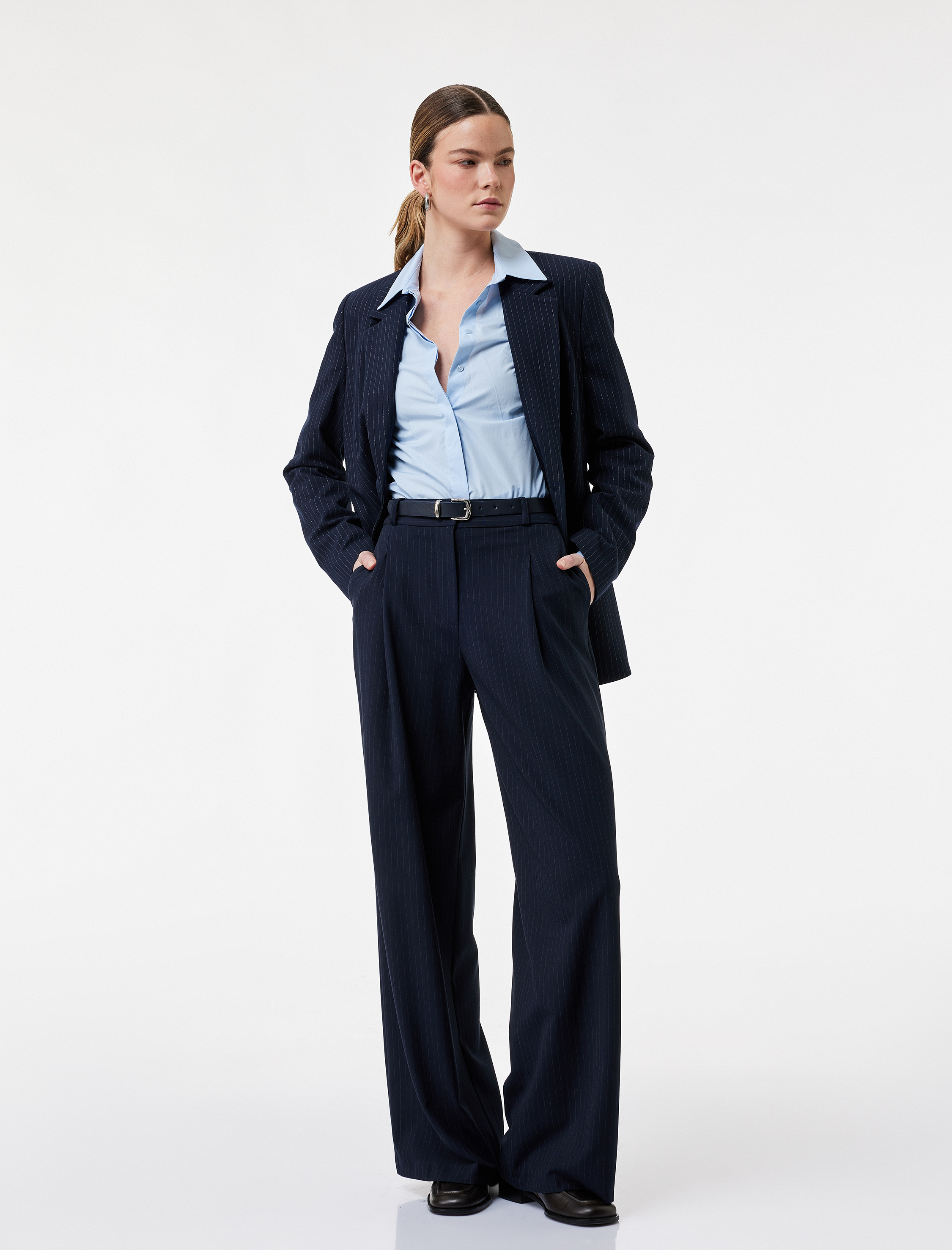   Cepli Kemer Detaylı Geniş Paça Kumaş Baggy Pantolon