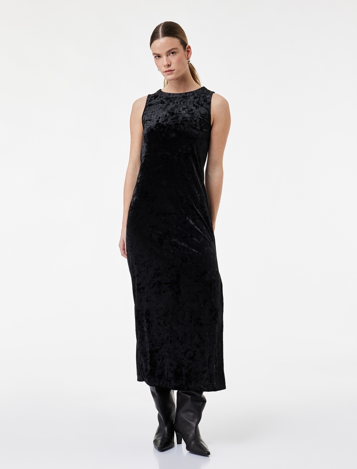  Midi Boy Kolsuz Yuvarlak Yaka Kadife Elbise