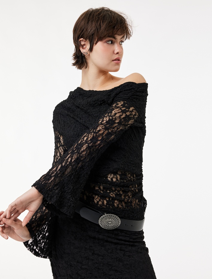  Asimetrik Yaka Uzun İspanyol Kollu Slim Fit Drapeli Dantel Tişört