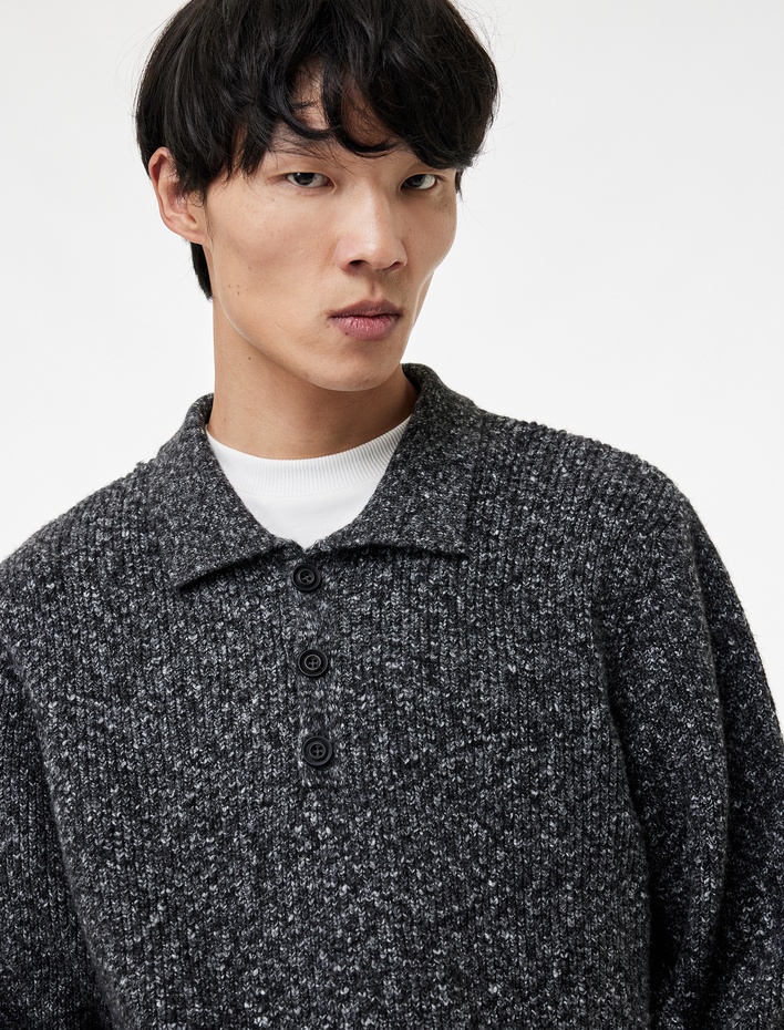  Regular Fit Düğmeli Polo Yaka Triko Kazak