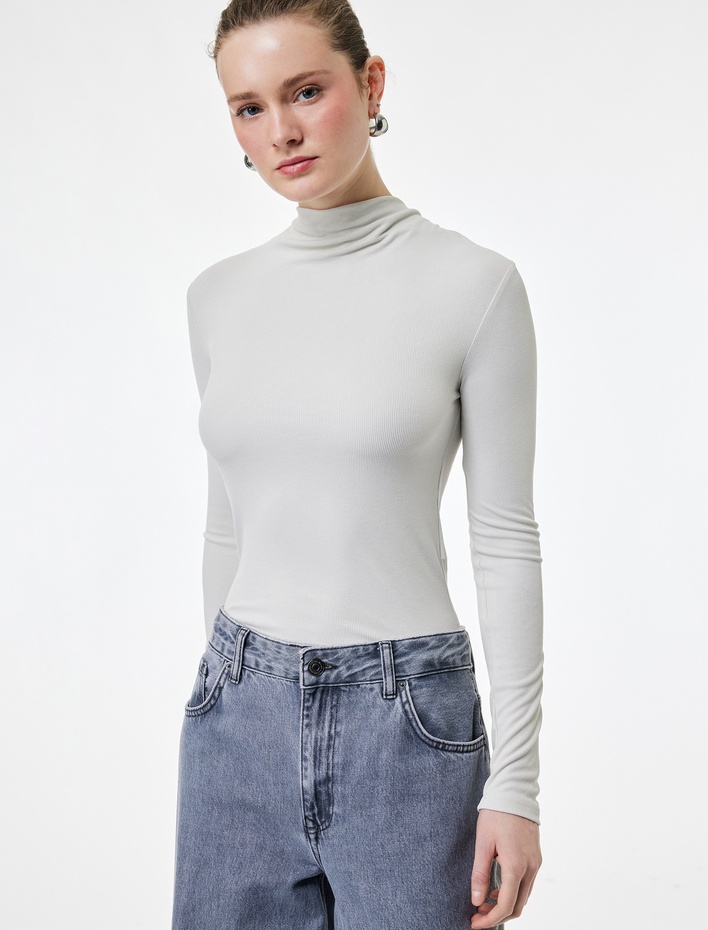  Slim Fit Modal Kumaş Uzun Kollu Dökümlü Dik Yaka Bluz