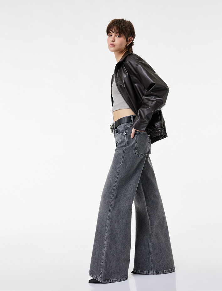  Kemer Detaylı Yıkamalı Dar Kesim İspanyol Paça Jean Pantolon - Flare Jeans