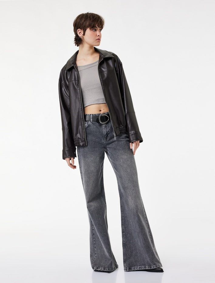  Kemer Detaylı Yıkamalı Dar Kesim İspanyol Paça Jean Pantolon - Flare Jeans