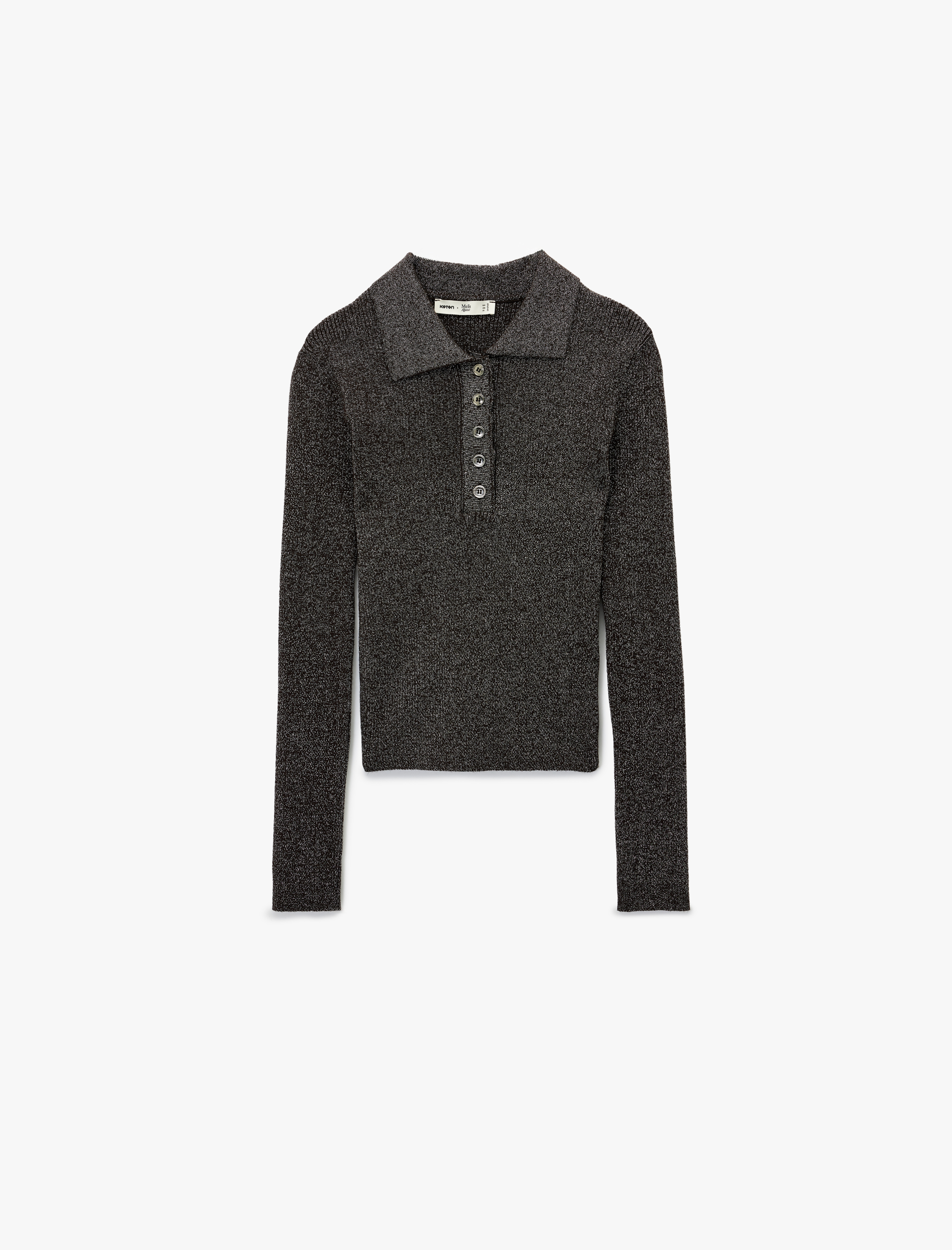   Koton X Melis Ağazat - Uzun Kollu Metalik İplik Detaylı Parıltılı Polo Yaka Triko Kazak