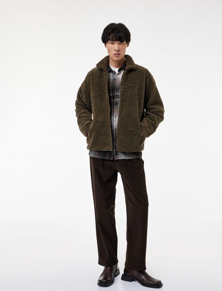  Uzun Kollu Fermuarlı Cepli Dik Yaka Peluş Ceket