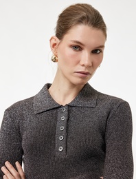 Koton X Melis Ağazat - Uzun Kollu Metalik İplik Detaylı Parıltılı Polo Yaka Triko Kazak