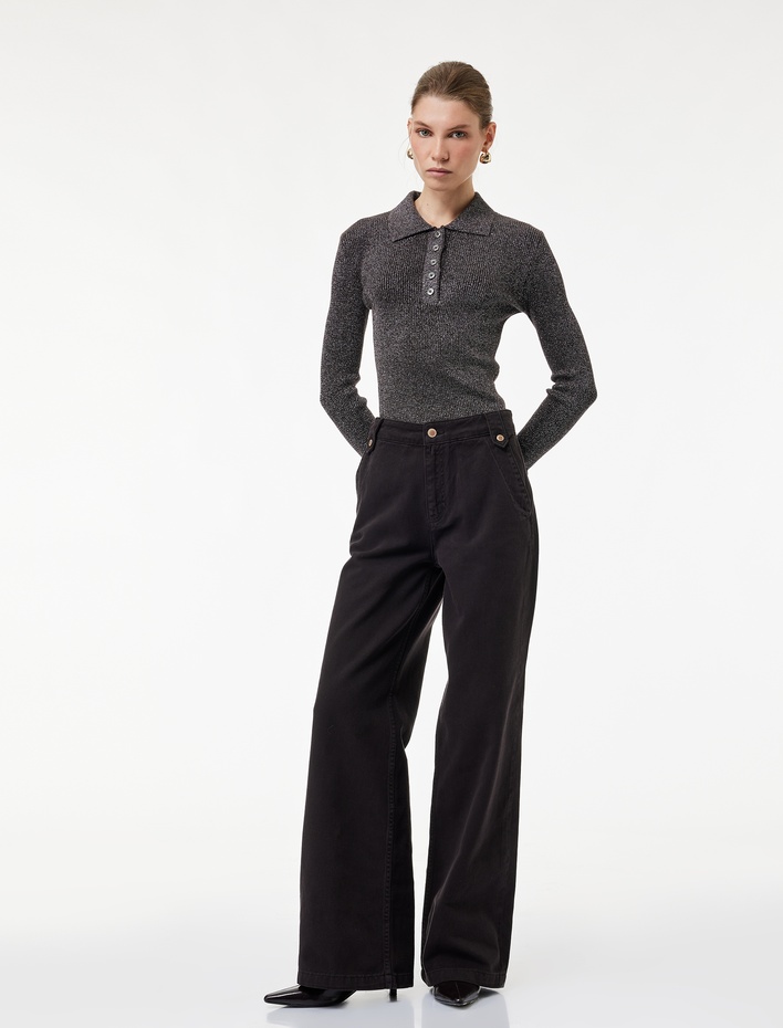  Koton X Melis Ağazat - Uzun Kollu Metalik İplik Detaylı Parıltılı Polo Yaka Triko Kazak