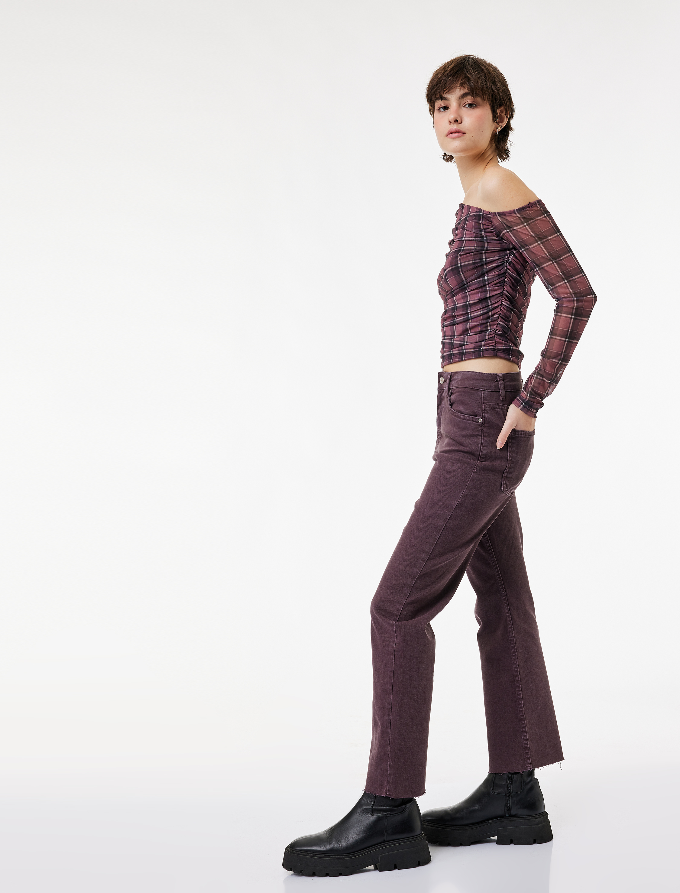   Pamuklu Dar Kalıp Düğmeli Cepli İspanyol Paça Crop Jean Pantolon -  Kick Flare Jeans