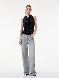 Slim Fit Kolsuz Degaje Yaka Simli Kadife Bluz