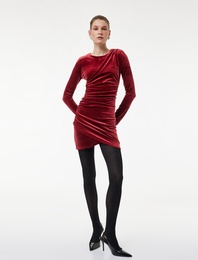 Uzun Kollu Bisiklet Yaka Drape Detaylı Mini Kadife Elbise
