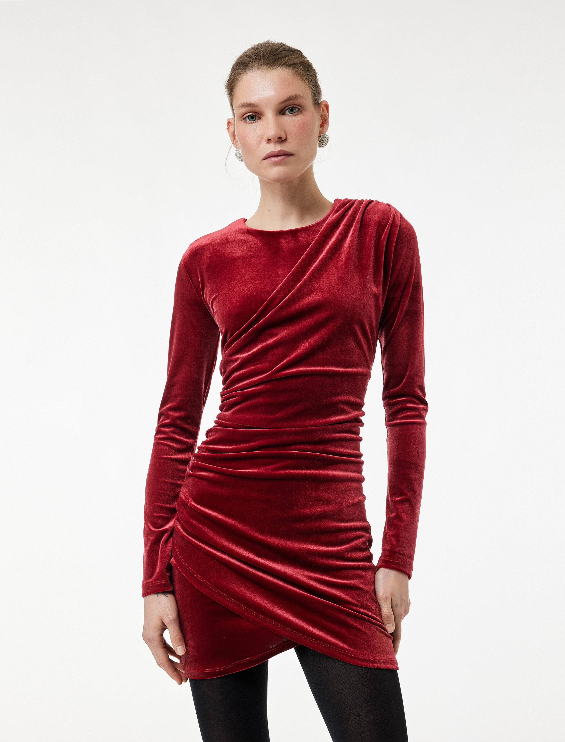   Uzun Kollu Bisiklet Yaka Drape Detaylı Mini Kadife Elbise