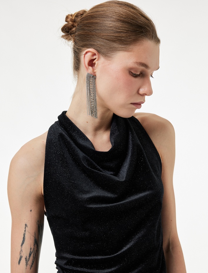  Slim Fit Kolsuz Degaje Yaka Simli Kadife Bluz