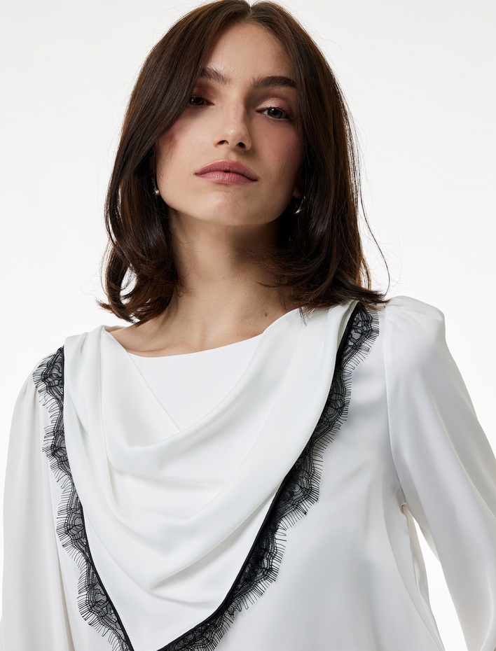  Dantel Detaylı Uzun Kollu Şal Yaka Bluz