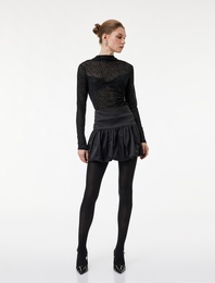 Slim Fit Uzun Kollu Geniş Dik Yaka Puantiyeli Tül Bluz