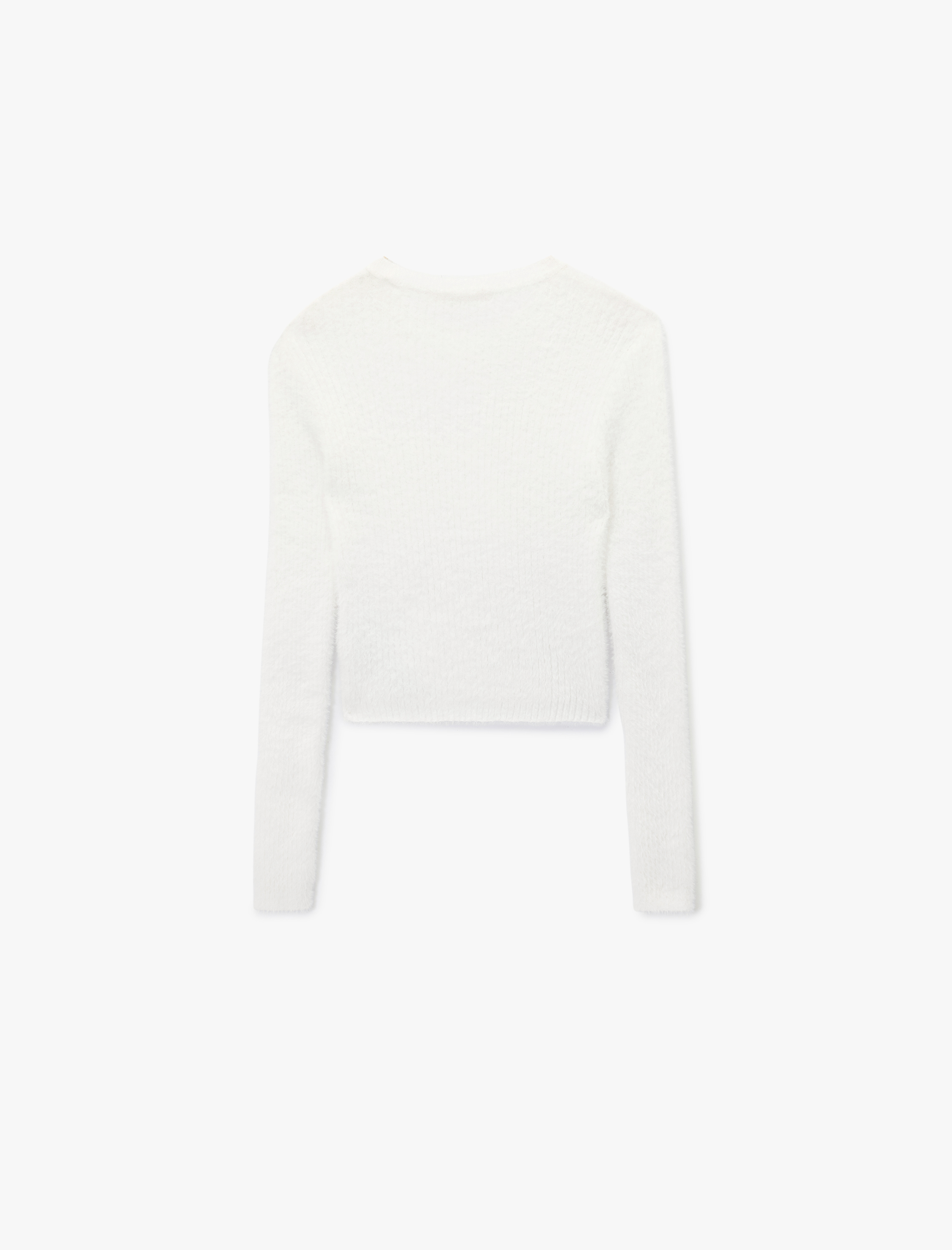   Uzun Kollu Bisiklet Yaka Slim Fit Dokulu Triko Crop Kazak