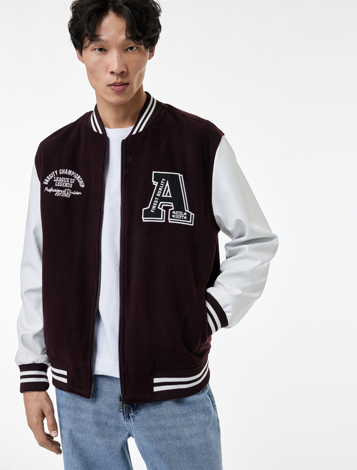  Uzun Kollu Renk Kontrastlı İşlemeli Fermuarlı Kolej Ceket