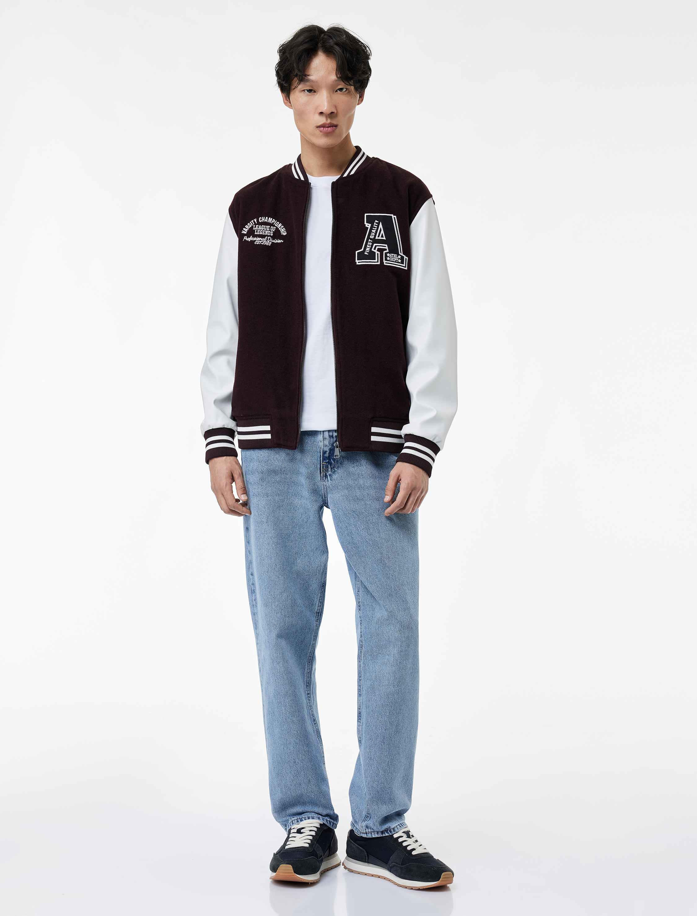   Uzun Kollu Renk Kontrastlı İşlemeli Fermuarlı Kolej Ceket